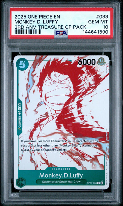 2025 Promotional Cards English 3rd Anniversary Treasure Camp. Monkey D. Luffy #OP07-033 PSA 10