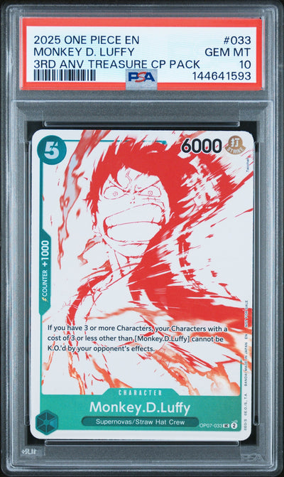 2025 Promotional Cards English 3rd Anniversary Treasure Camp. Monkey D. Luffy #OP07-033 PSA 10