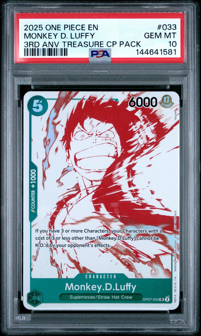 2025 Promotional Cards English 3rd Anniversary Treasure Camp. Monkey D. Luffy #OP07-033 PSA 10