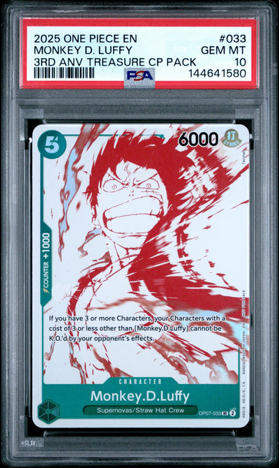 2025 Promotional Cards English 3rd Anniversary Treasure Camp. Monkey D. Luffy #OP07-033 PSA 10
