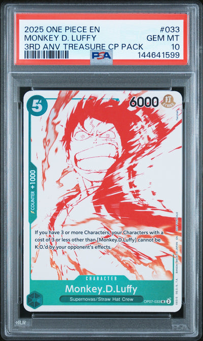 2025 Promotional Cards English 3rd Anniversary Treasure Camp. Monkey D. Luffy #OP07-033 PSA 10