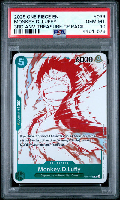 2025 Promotional Cards English 3rd Anniversary Treasure Camp. Monkey D. Luffy #OP07-033 PSA 10