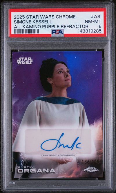 2025 Topps Chrome Star Wars Autographs Au-Kamino Purple Refractor Simone Kessell #ASI /199 PSA 8