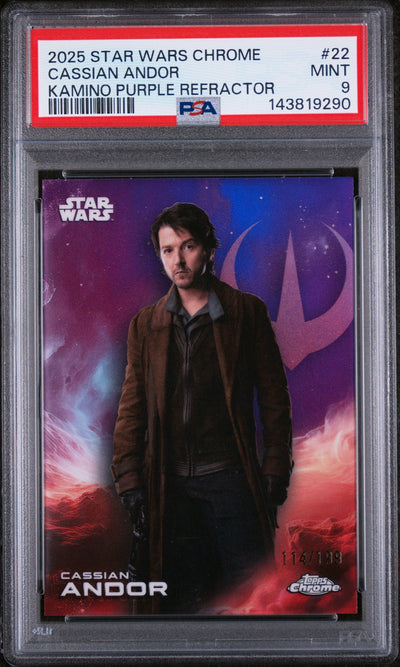 2025 Topps Chrome Star Wars Kamino Purple Refractor Cassian Andor #22 /199 PSA 9