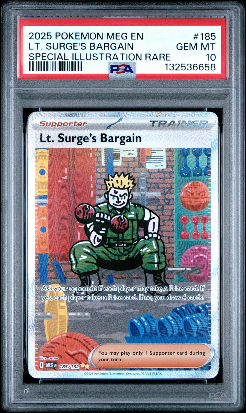 2025 Pokemon Mega Evolution Special Illustration Rare Lt. Surge's Bargain #185 PSA 10