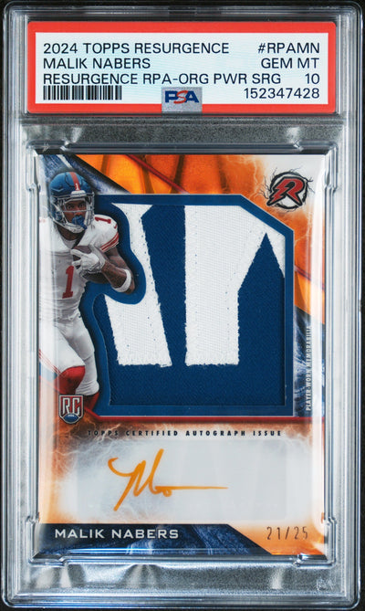 2024 Topps Resurgence Resurgence Rookie Patch Autographs Orange Power Surge Malik Nabers #RPAMN /25 PSA 10