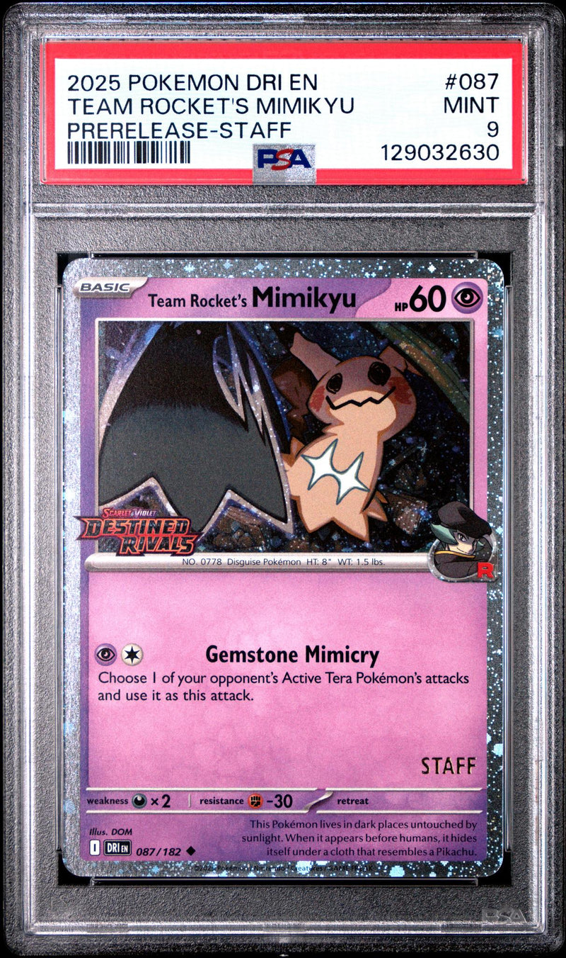 2025 Pokemon Scarlet and Violet Destined Rivals Prerelease Staff Team Rocket's Mimikyu #087 PSA 9