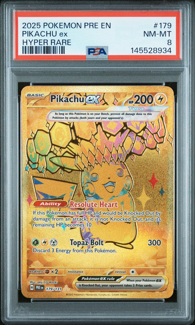 2025 Pokemon Scarlet and Violet Prismatic Evolutions Hyper Rare Pikachu Ex #179 PSA 8