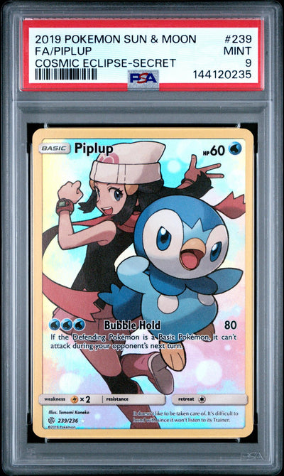 2019 Pokemon Sun and Moon Cosmic Eclipse Secret Rare Piplup #239 PSA 9