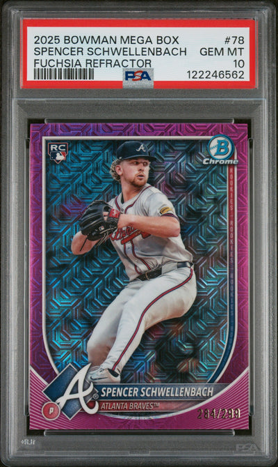 2025 Bowman Mega Box Chrome Fuchsia Refractor Spencer Schwellenbach #78 /299 PSA 10