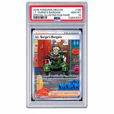 2025 Pokemon Mega Evolution Special Illustration Rare Lt. Surge's Bargain #185 PSA 10