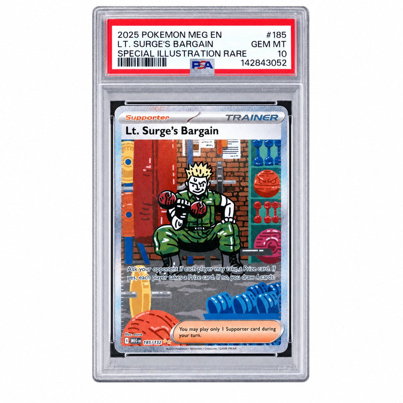 2025 Pokemon Mega Evolution Special Illustration Rare Lt. Surge's Bargain #185 PSA 10