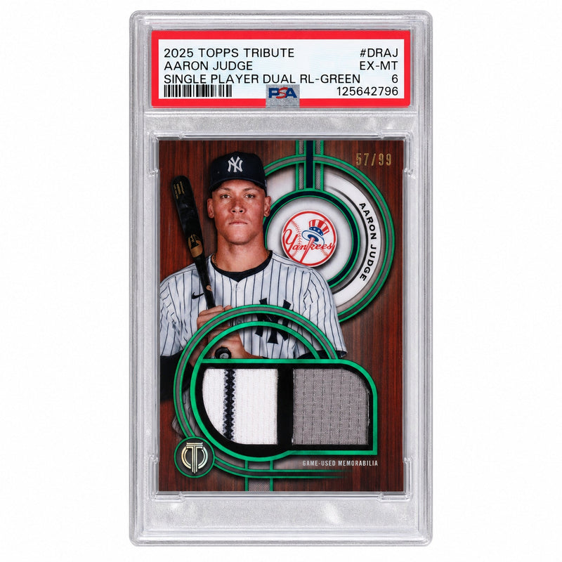 2025 Topps Tribute Single-Player Dual Relics Green Aaron Judge #DRAJ /99 PSA 6