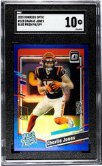 2023 Donruss Optic Blue Prizm Charlie Jones #223 RC /199 SGC 10