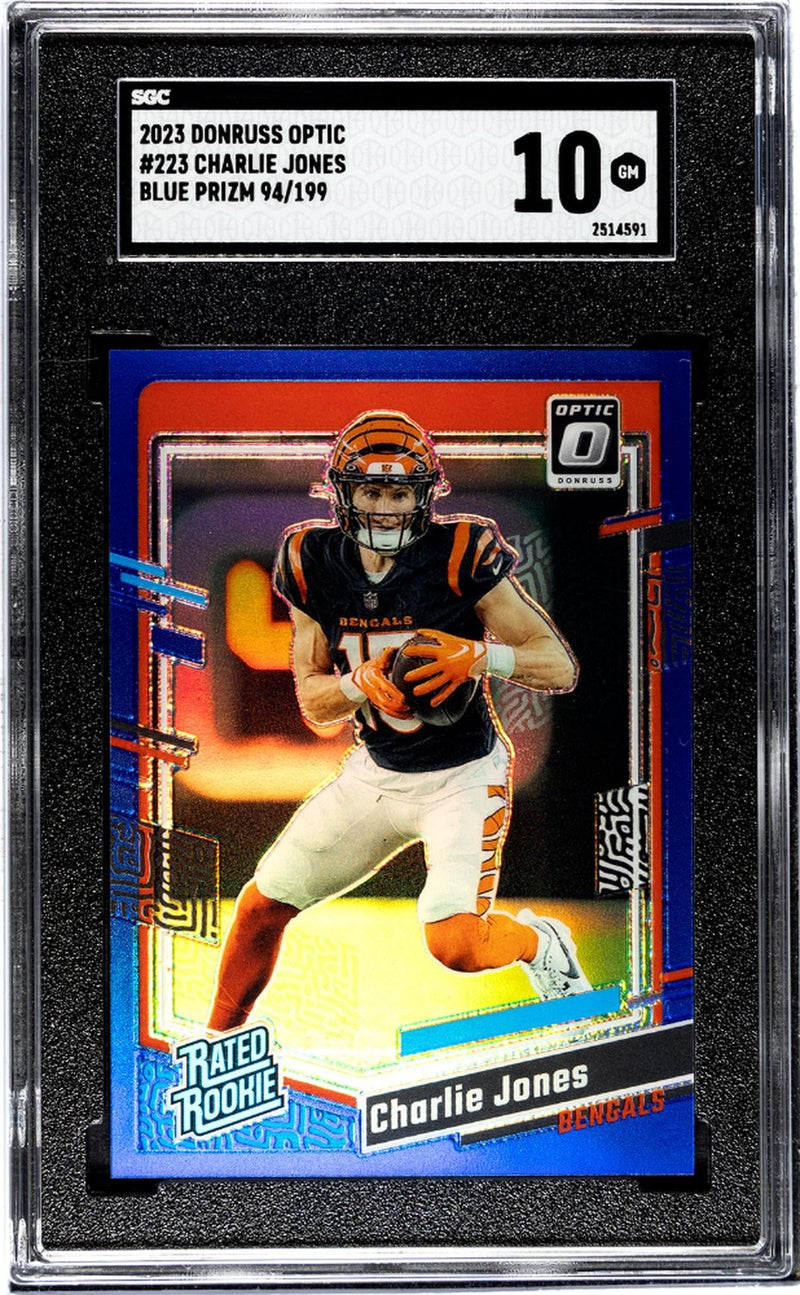 2023 Donruss Optic Blue Prizm Charlie Jones #223 RC /199 SGC 10