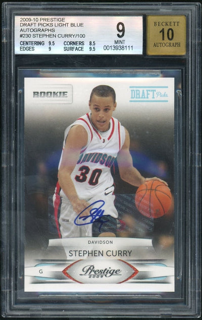 2009 Panini Prestige Draft Picks Light Blue Autograph Stephen Curry #230 /100 BGS 9