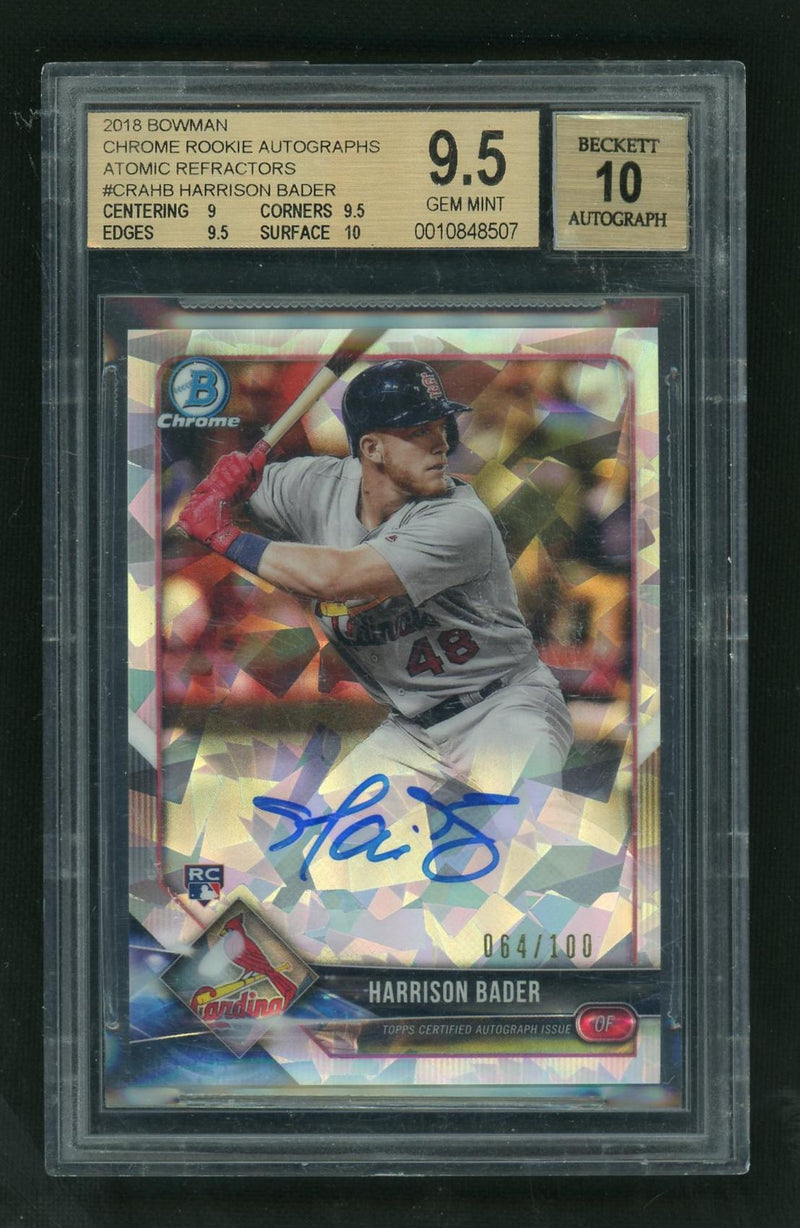 2018 Bowman Chrome Rookie Autograph Atomic Refractor Harrison Bader #CRAHB /100 BGS 9.5