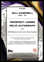 2024 Bowman PJA-WC Will Campbell Prospect Jumbo Relic Autograph LSU