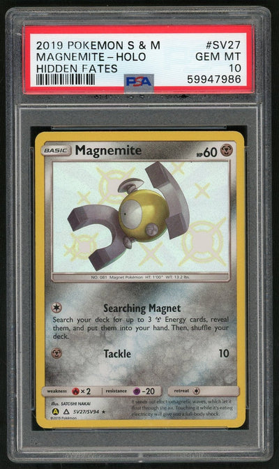 2019 Pokemon Sun and Moon Hidden Fates Shiny Vault Holo Magnemite #SV27 PSA 10