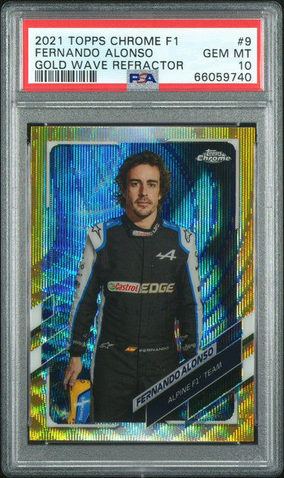 2021 Topps Chrome Formula 1 Gold Wave Refractor Fernando Alonso #9 /50 50/50 PSA 10