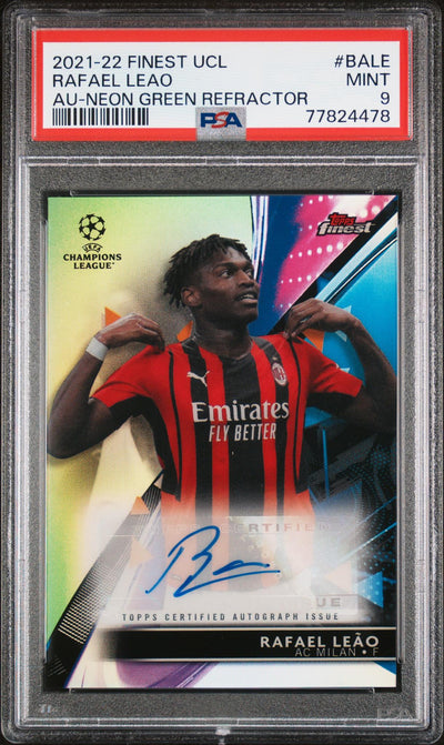 2021 Topps Finest UEFA Champions League Autographs Neon Green Refractor Rafael Leao #BALE /99 PSA 9