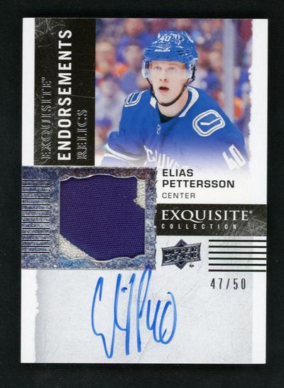 2018 Upper Deck Exquisite Collection ER-EP Elias Pettersson Exquisite Endorsements Relics /50 Vancouver Canucks Auto