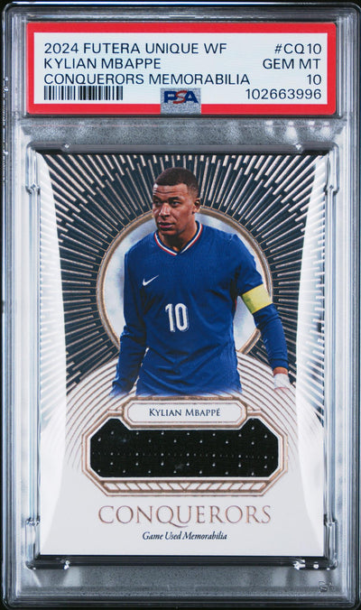 2024 Futera Unique World Football Conquerors Memorabilia Kylian Mbappe #CQ10 /21 PSA 10