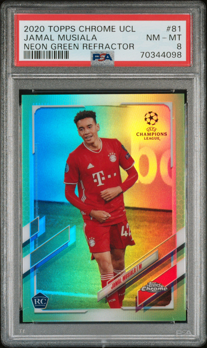 2020 Topps Chrome UEFA Champions League Neon Green Refractor Jamal Musiala #81 /99 PSA 8