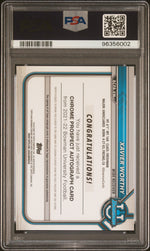2021 Bowman University Chrome Prospect Autographs Gold Lava Refractor Xavier Worthy #XW /50 PSA 10
