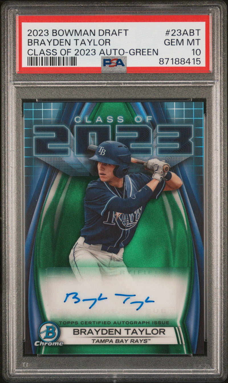 2023 Bowman Chrome Draft Class of '23 Autographs Green Refractors Brayden Taylor #23ABT /99 PSA 10